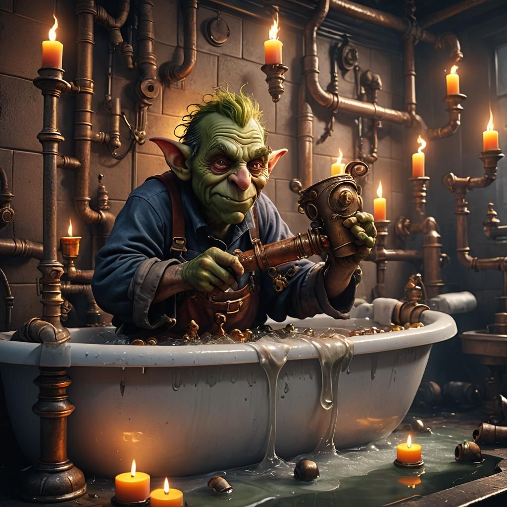 Goblin Plumber Repairs Pipe in Fantasy Art Style