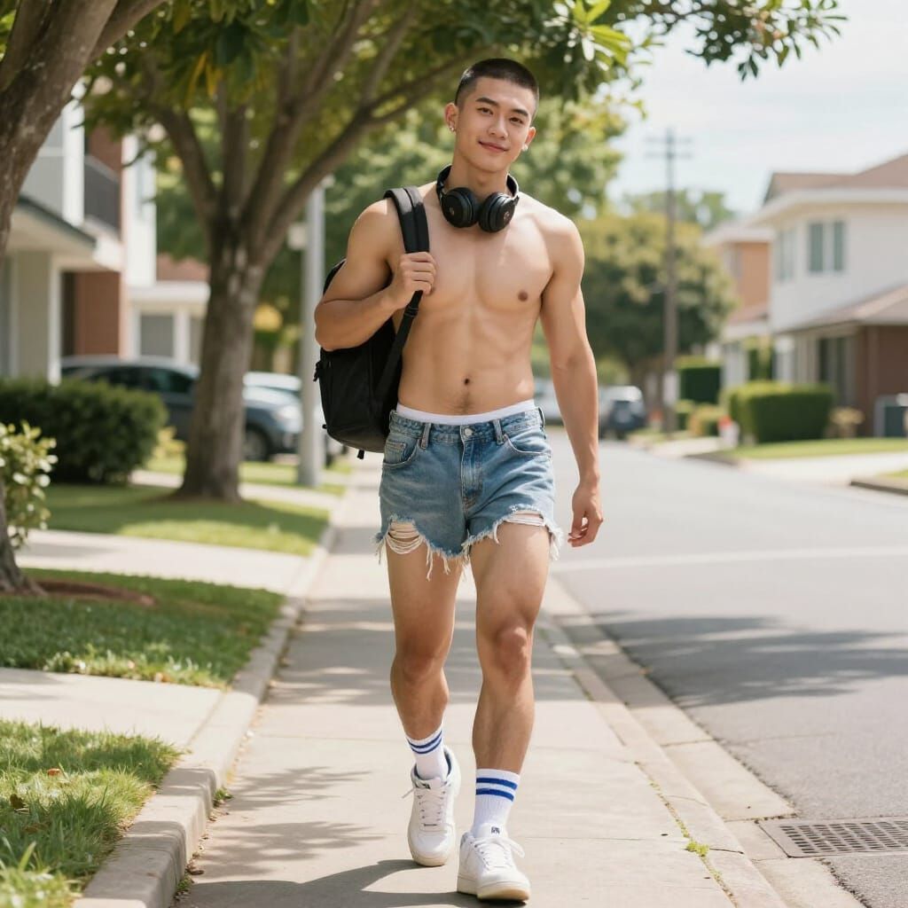 Handsome Man in Hot Pants on Sunny Suburban Street