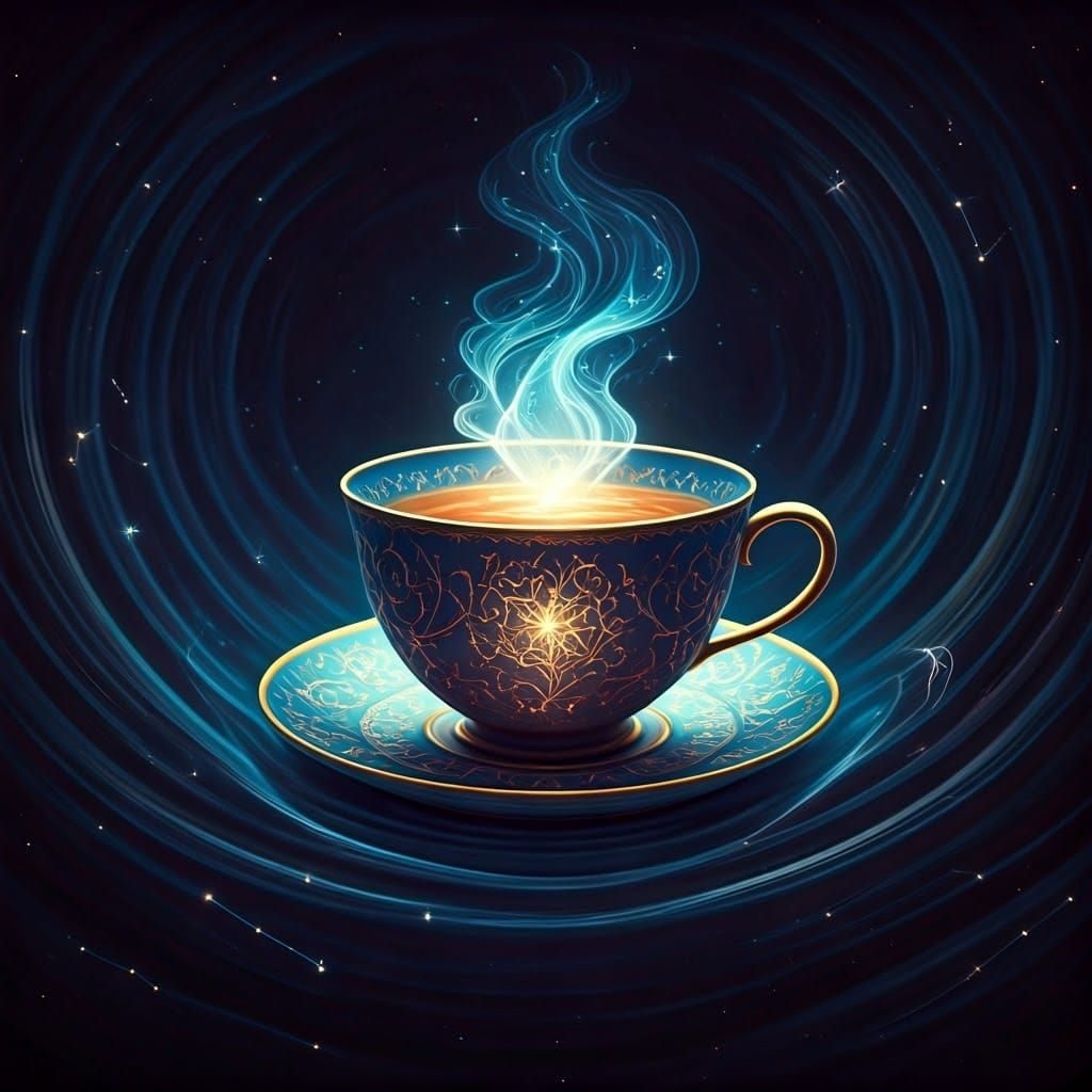 Mystical Teacup in Starry Night Sky, Dreamlike Fantasy Art