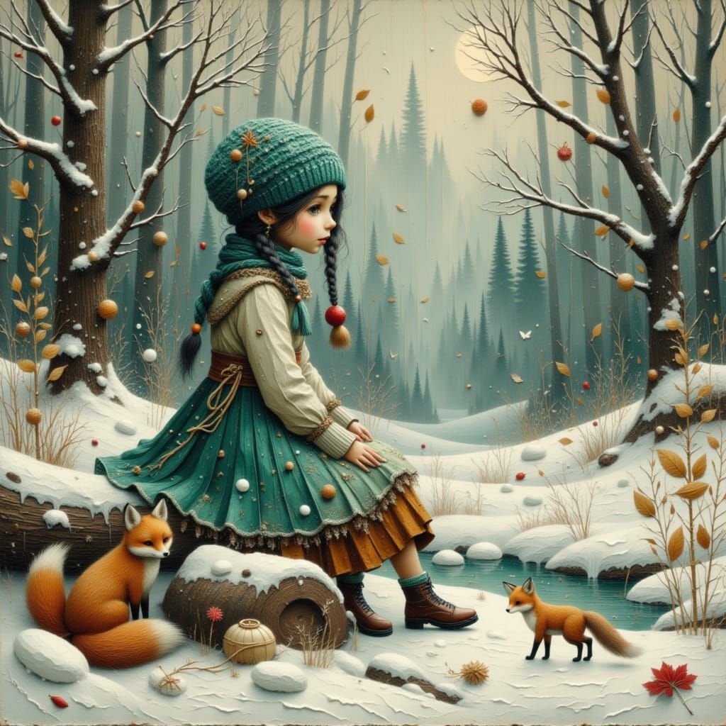 Girl in Winter Forest with Braided Teal Hair and Fox