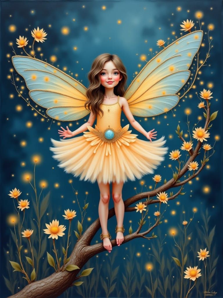 Whimsical Fairy Amidst Tiny Flowers in Surreal Gouache Style