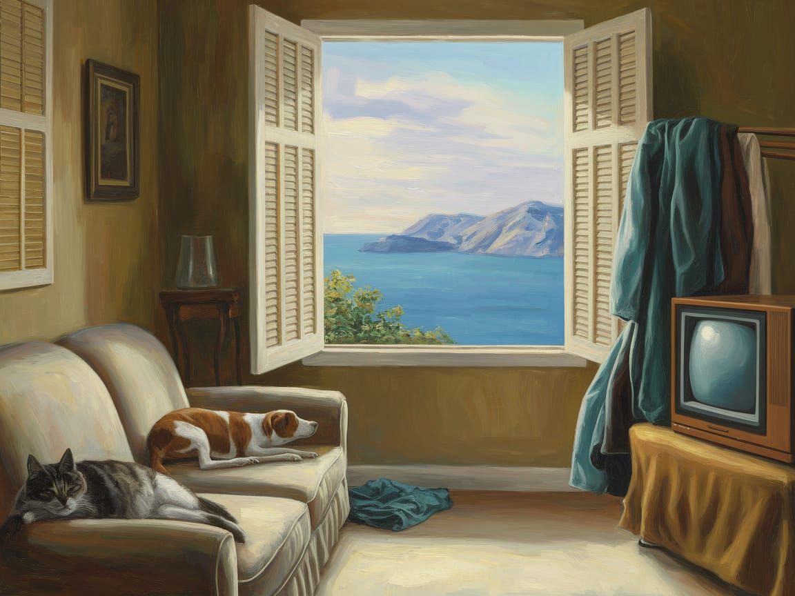 Warm Oil Painting of Cozy Living Room with Cat and Dog