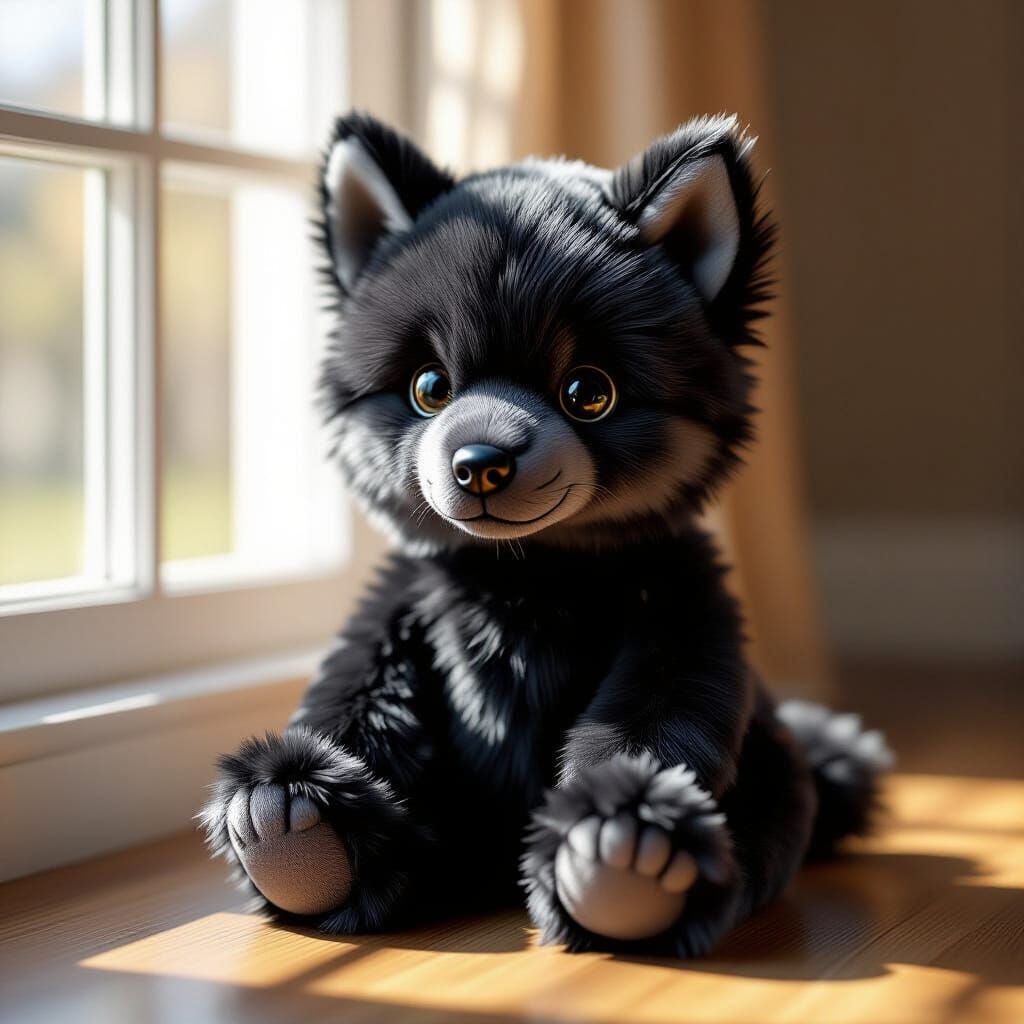 Photorealistic Black Wolf Pup Stuffed Animal Toy