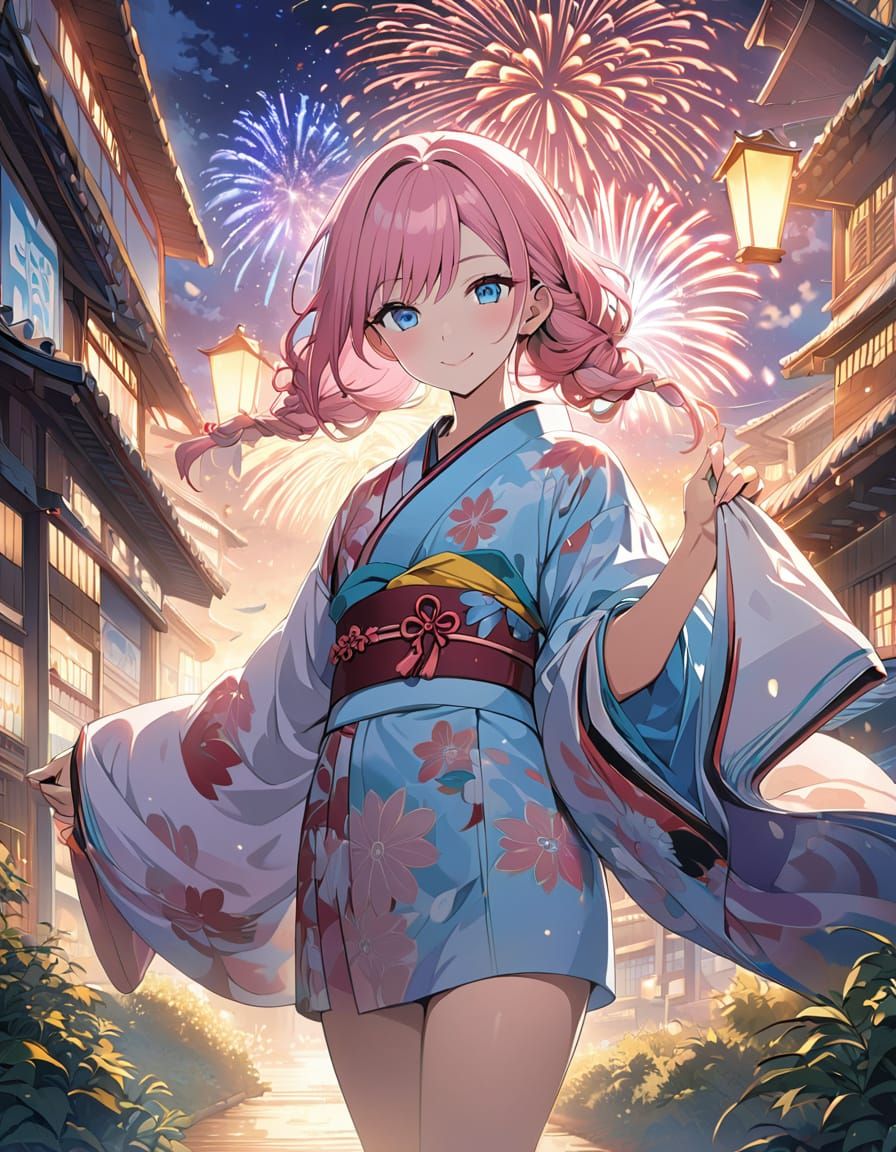 Anime Girl in Vibrant Fireworks Celebration