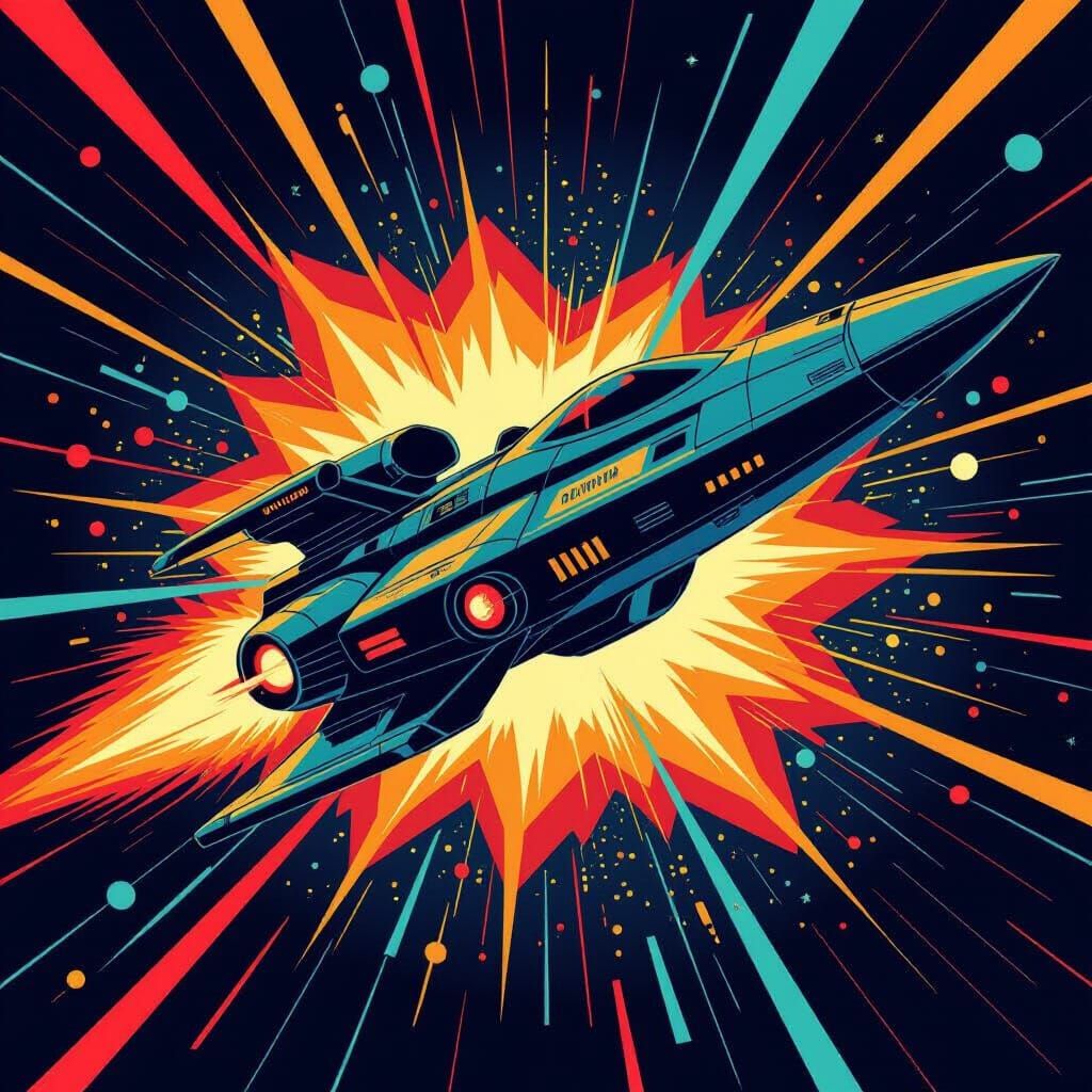 Futuristic Spaceship Piracy Attack Pop Art Style