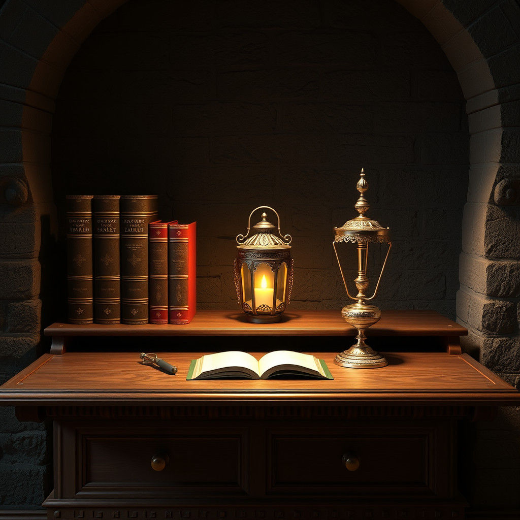 Enchanting Desk Scene with Gothic Bronze Lamp