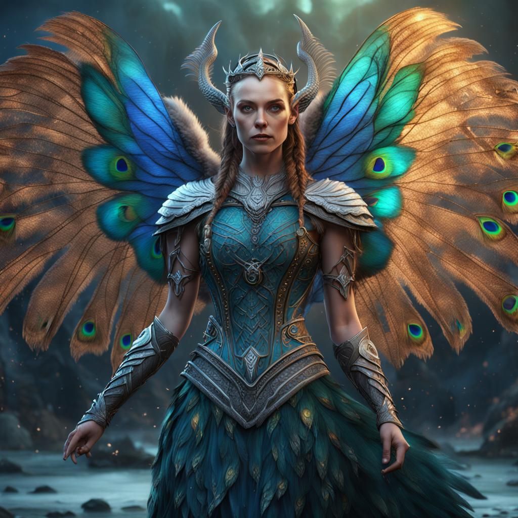 Alien Viking Woman with Peacock Wings