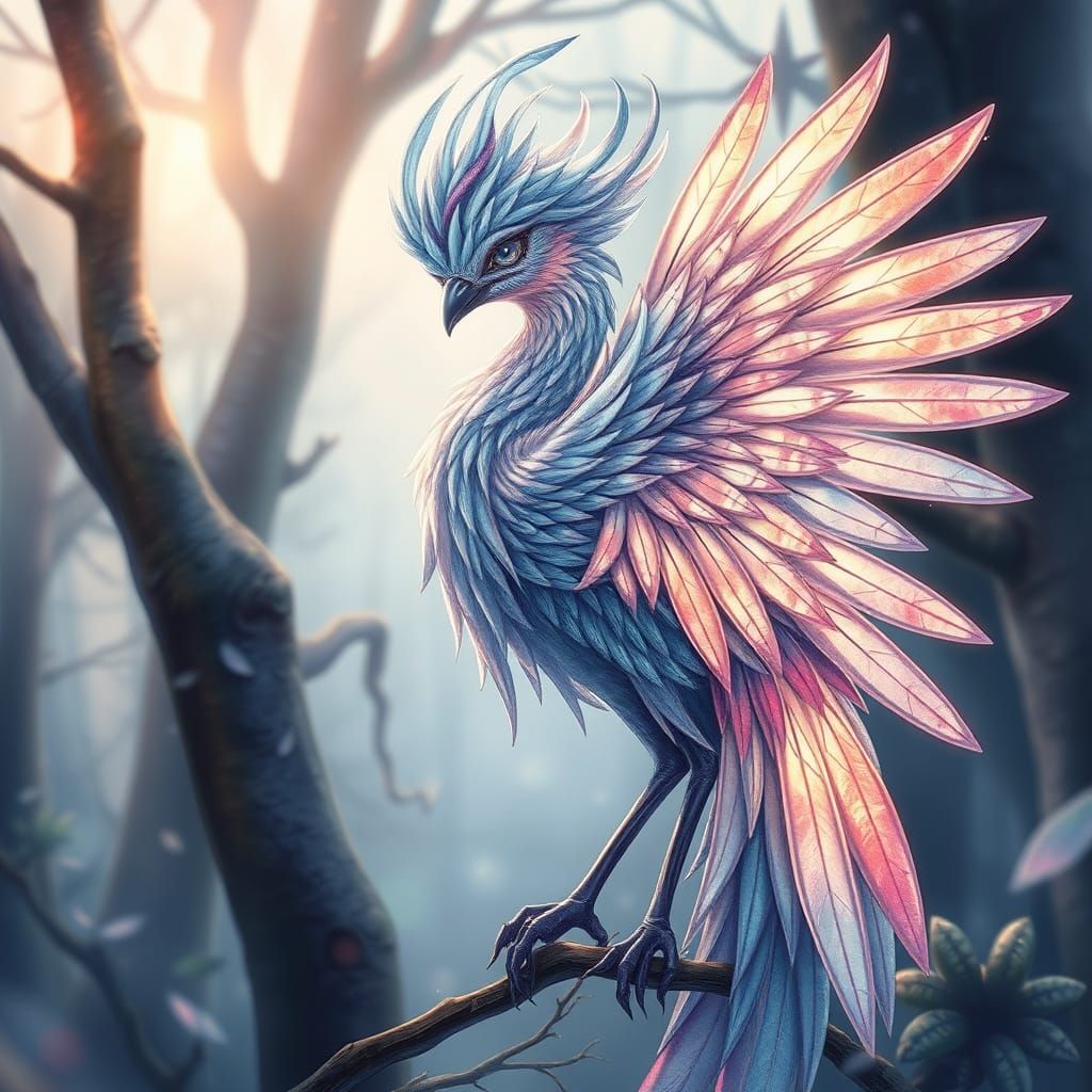 Elegant Fantasy Bird with Luminescent Wings in Misty Forest
