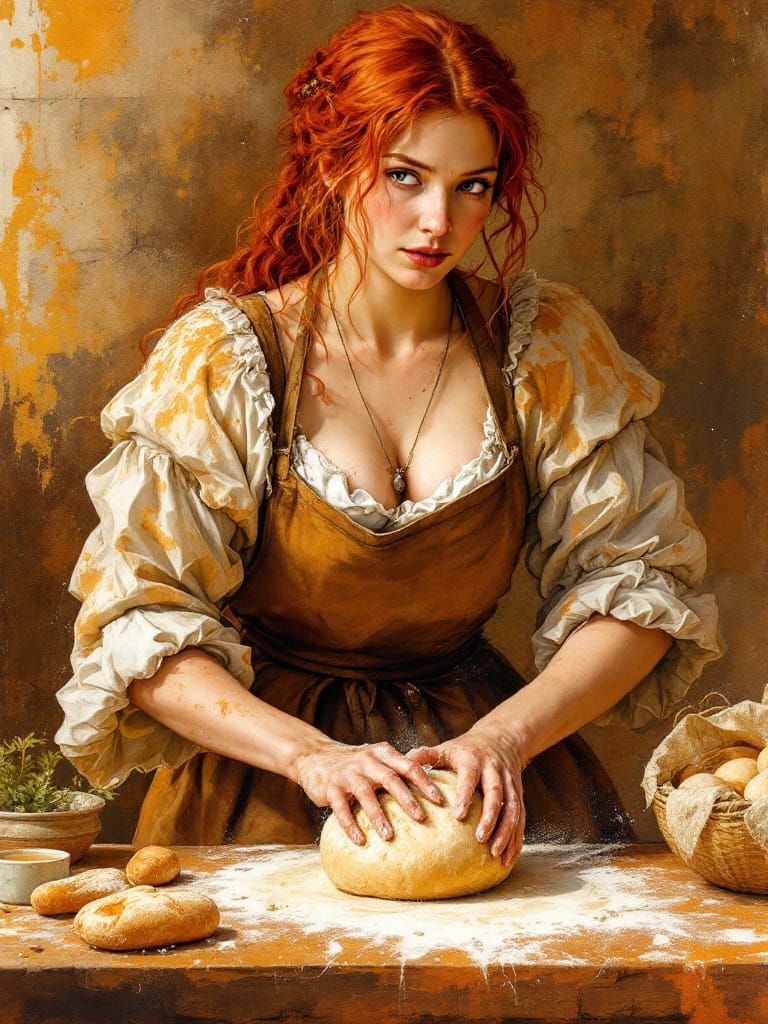 Redhead Baker in Renaissance Kitchen, Muscular Watercolor