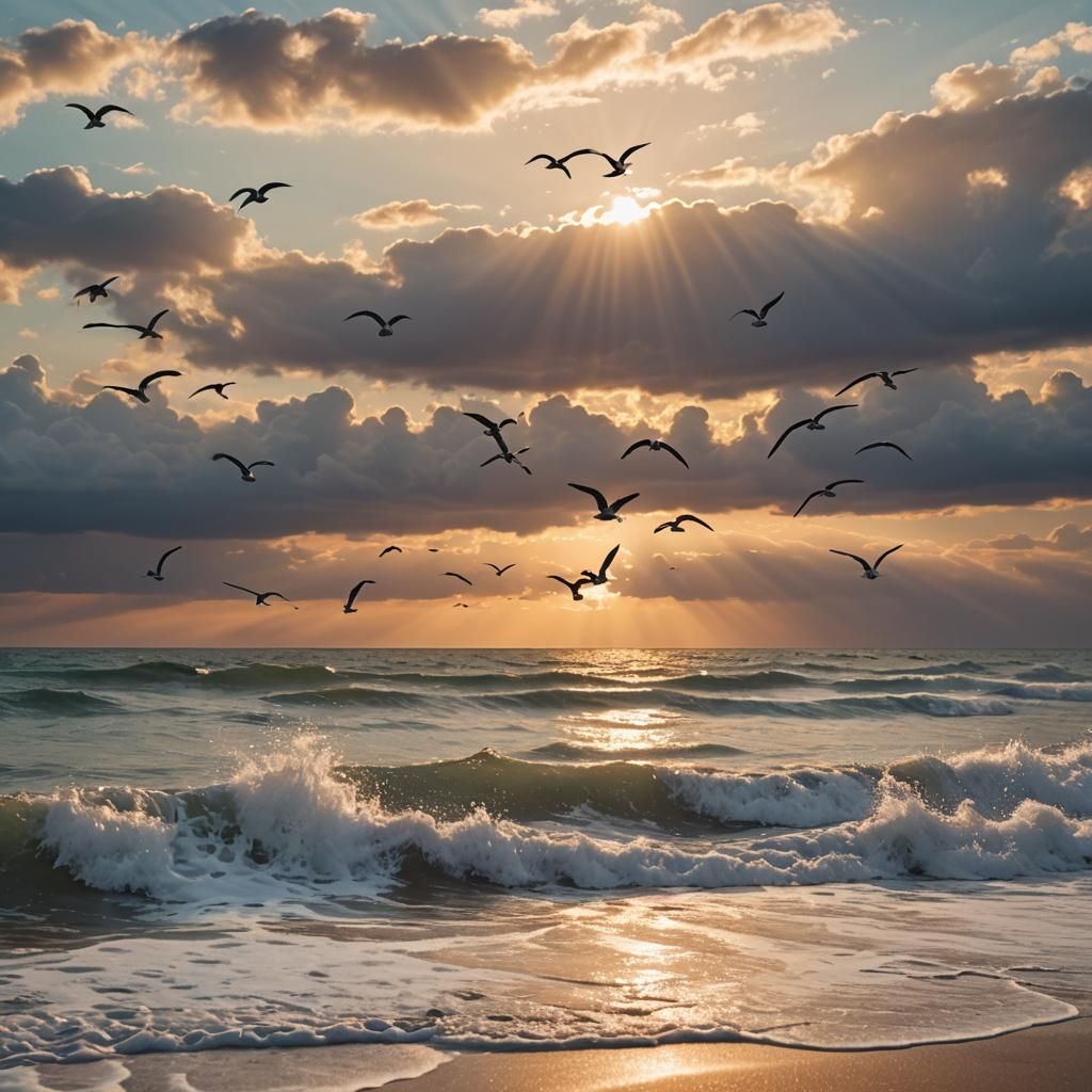 Beach Sunset with Seagulls and Golden Light