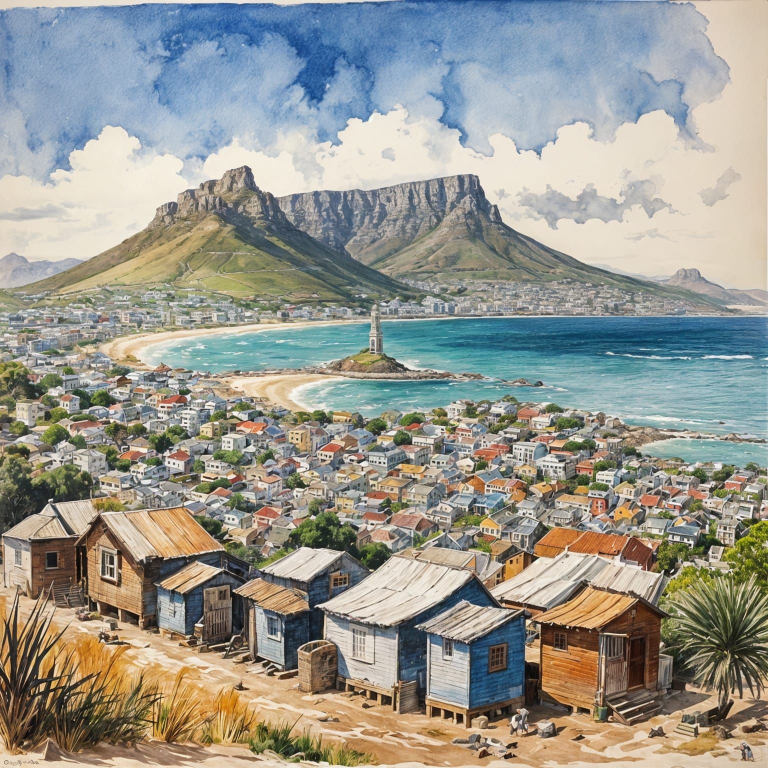 Cape Town Scene in Watercolor Style, 1945