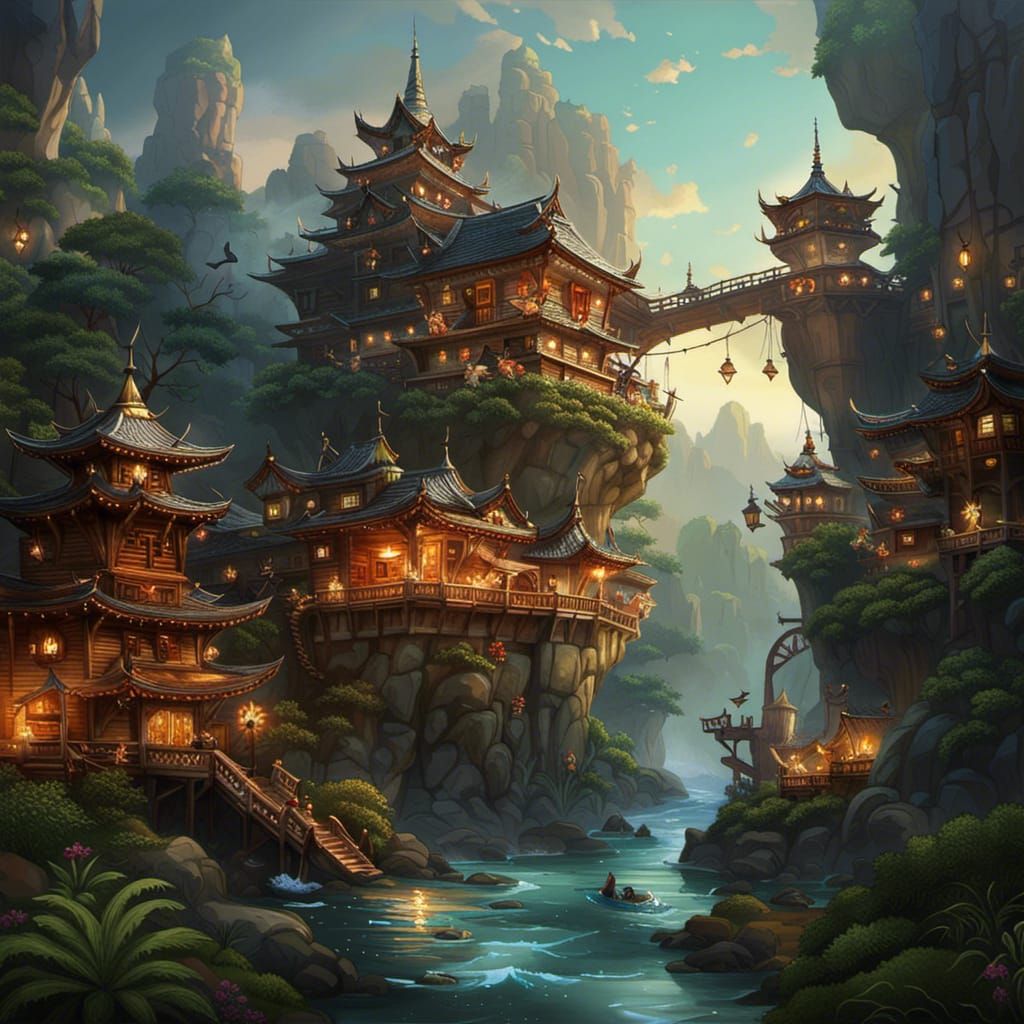 Origami Moon Over Japanese Village in Digital Art