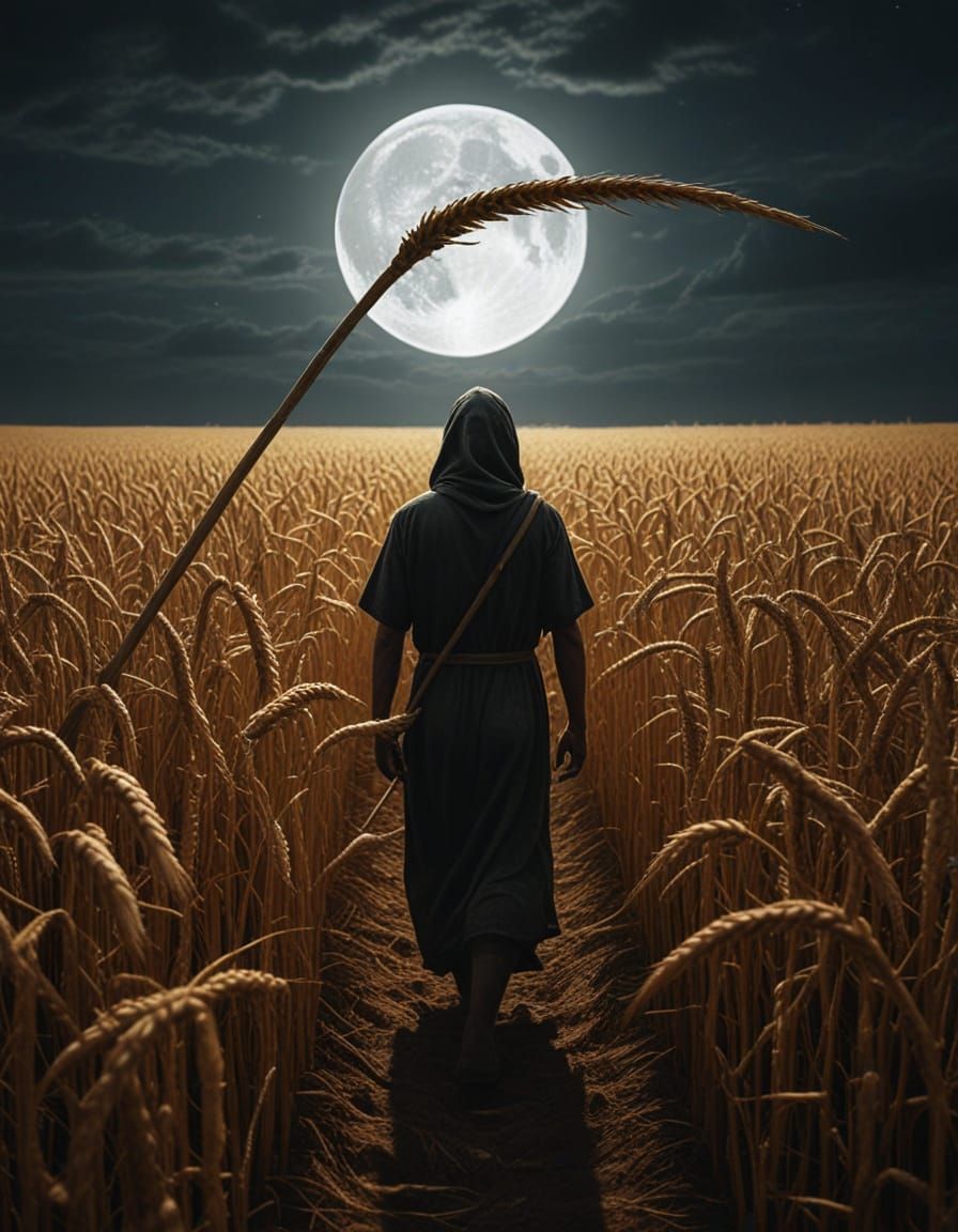 Spectral Farmer Reaping Souls in Moonlit Wheat Field
