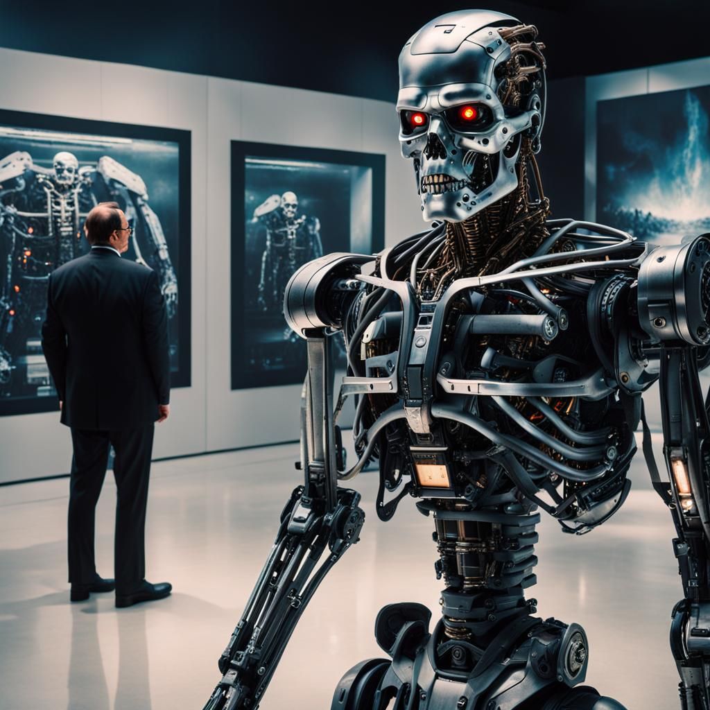Terminator T-800 on display in a museum, viewed by well-dres...