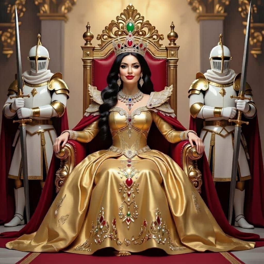 Majestic Queen on Oversized Throne with Guards