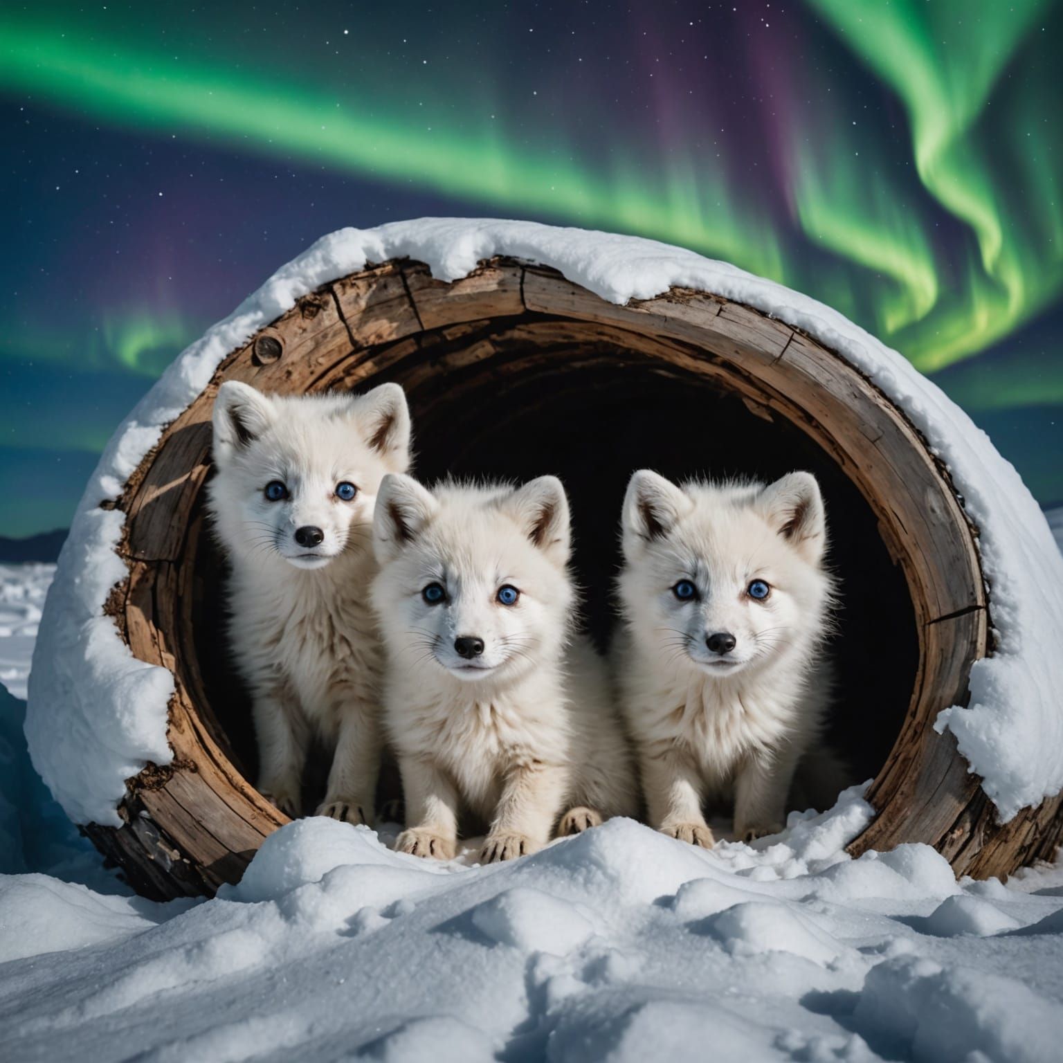 Arctic Fox Cubs Under Northern Lights