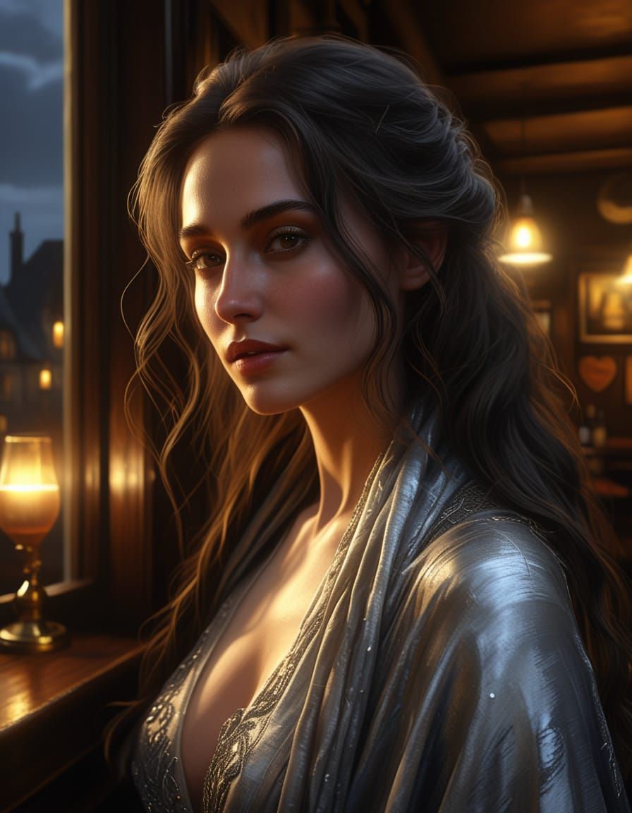 Woman in Silver Gown in Moonlit Pub