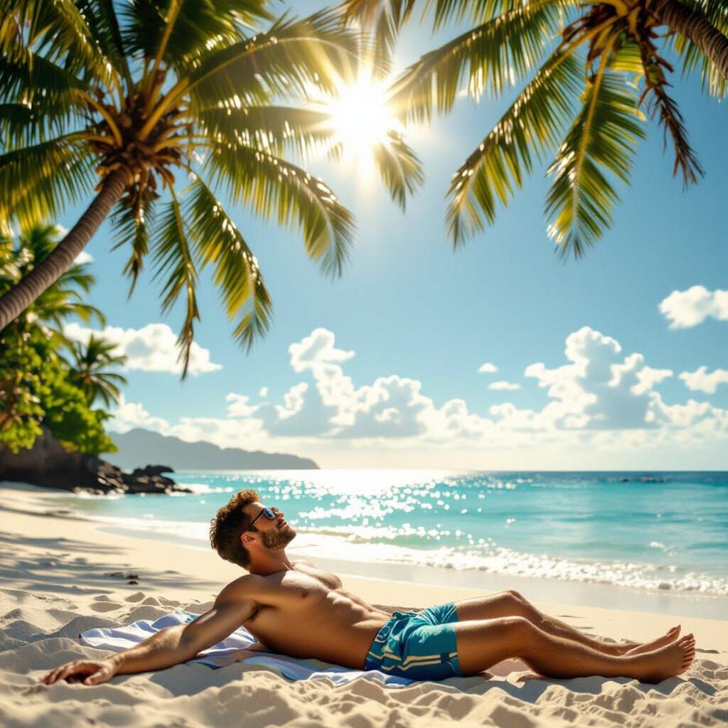 Man Sunbathing on Tropical Beach in Golden Light