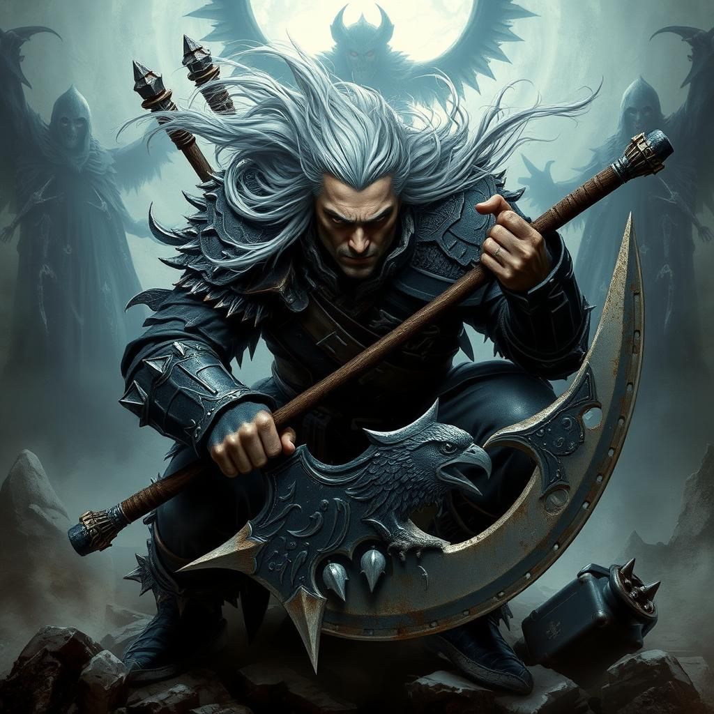 Brooding Witcher with Scythe in Dark Fantasy Art