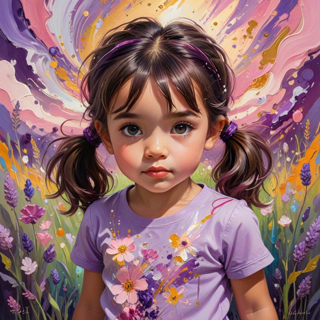 Psychedelic Toddler Girl in Glittering Impressionist Oil Pai...