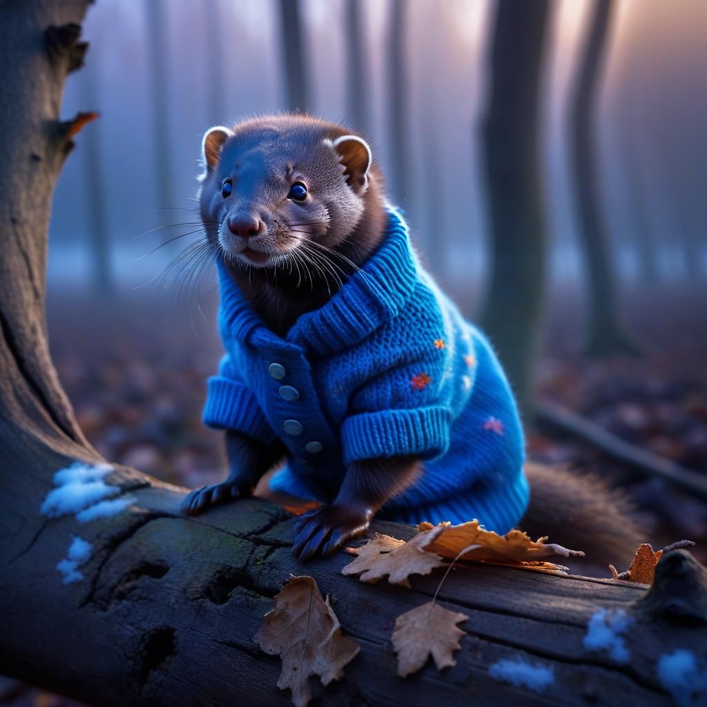 Fluffy Mink in Autumnal Forest, Realistic Photography
