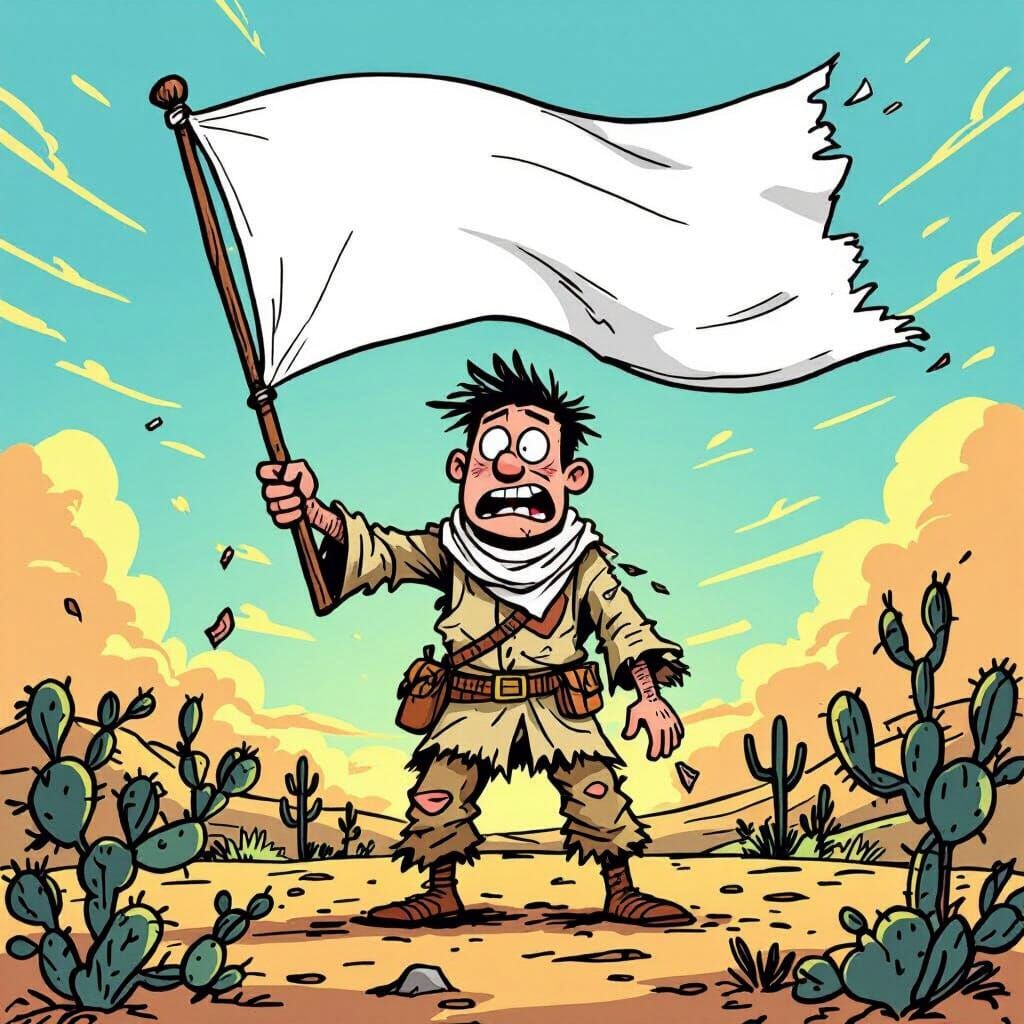 Exhausted Figure Comically Surrenders in Desert Comic Style