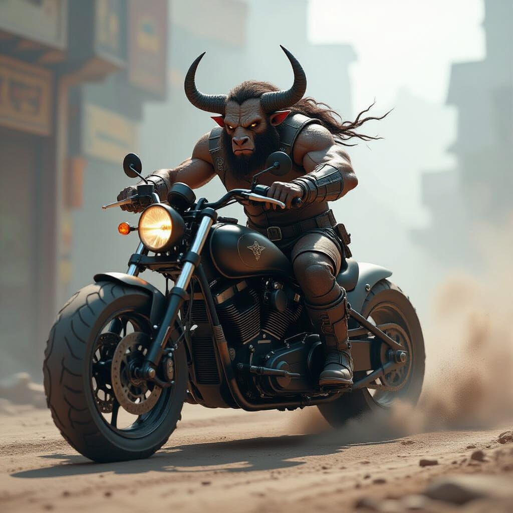 Minotaur Rides Motorcycle in Dark Fantasy Concept Art