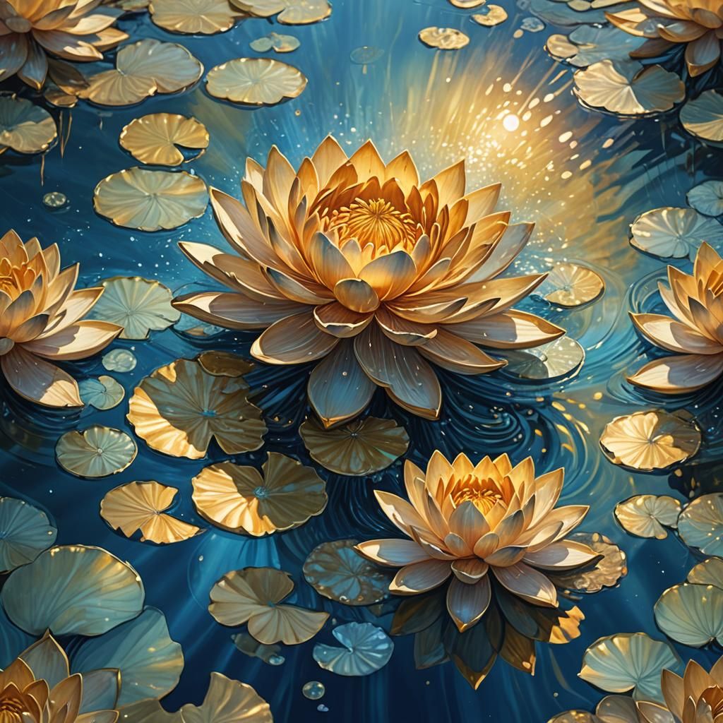 Golden Lotus Flower in Radiating Blue Water