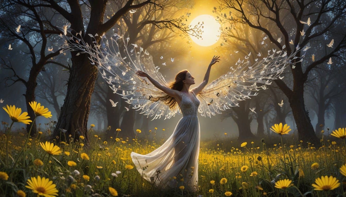 Ethereal Silver Being Radiates Iridescent Glow Amidst Dandel...