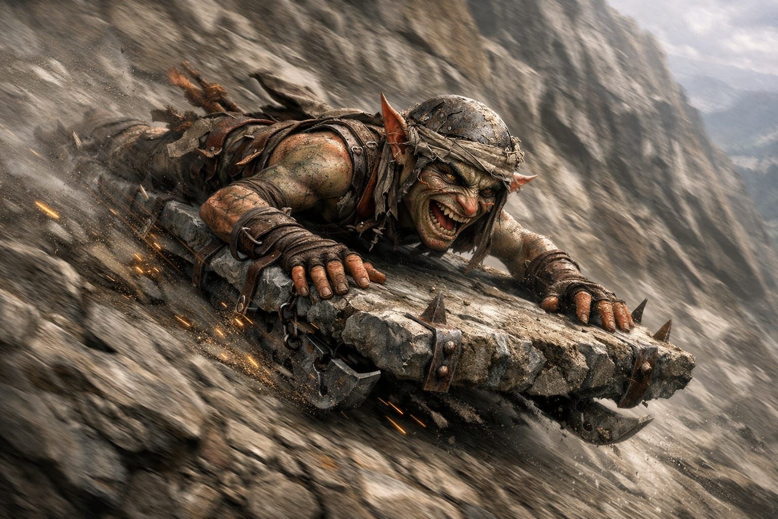 Goblin Speeds Down Mountain on Rock Sled