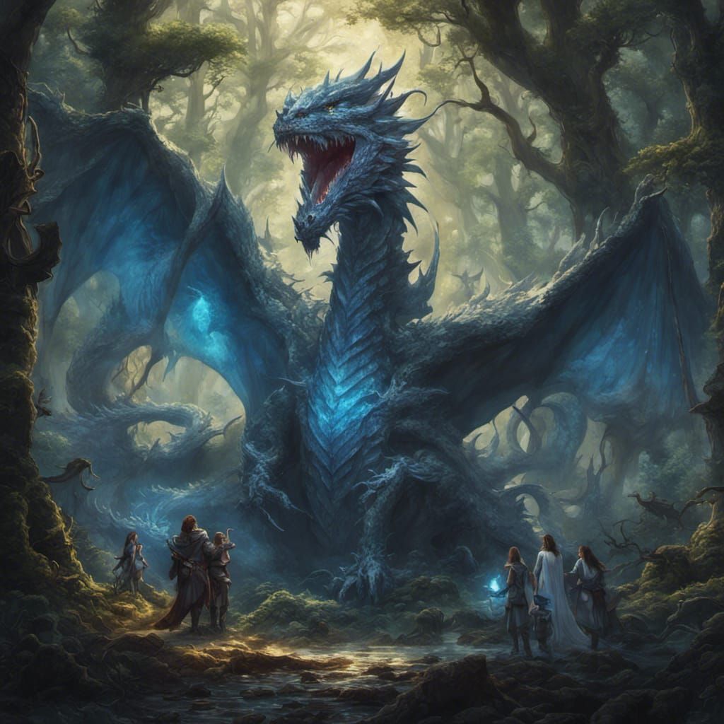 Mystical Creatures Confront Blue Dragon in Enchanted Forest