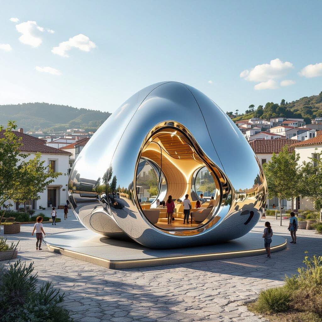 Futuristic Chrome Selling Pod in Rural Town