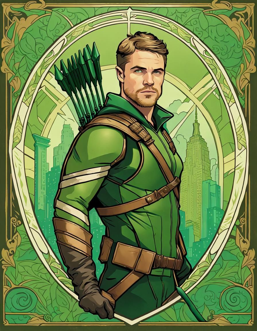 Stephen Amell as Green Arrow, Alphonse Mucha style