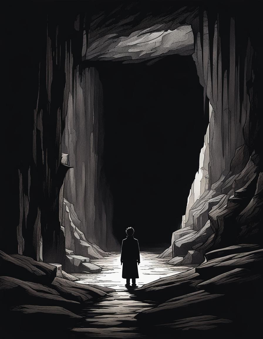 Sinister Cave with Hidden Door and Silhouette