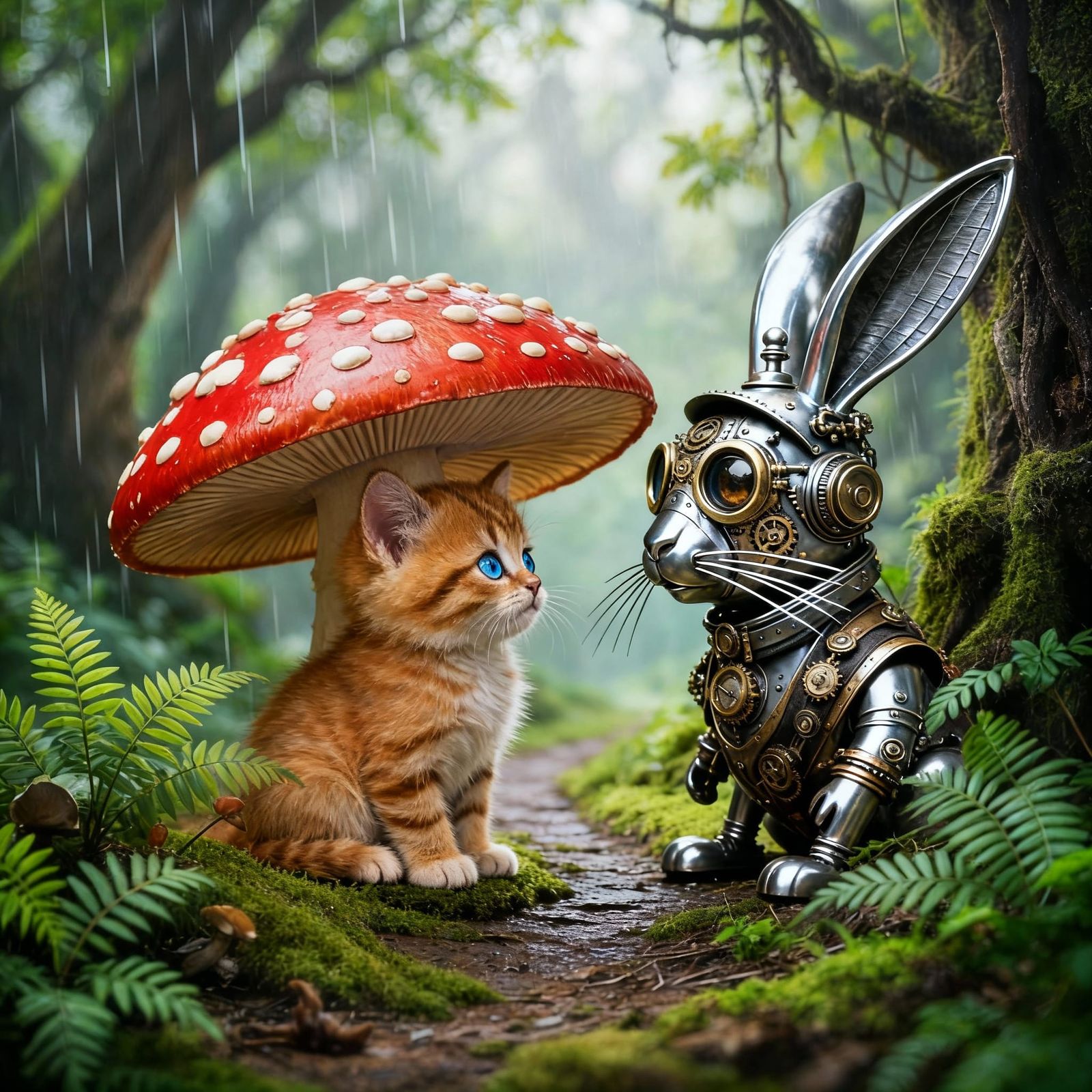 Cat and Rabbit Meet in Rainy Forest