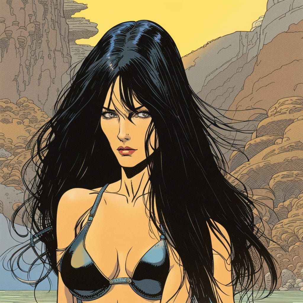 Woman in Black Bikini, Moebius Comic Style