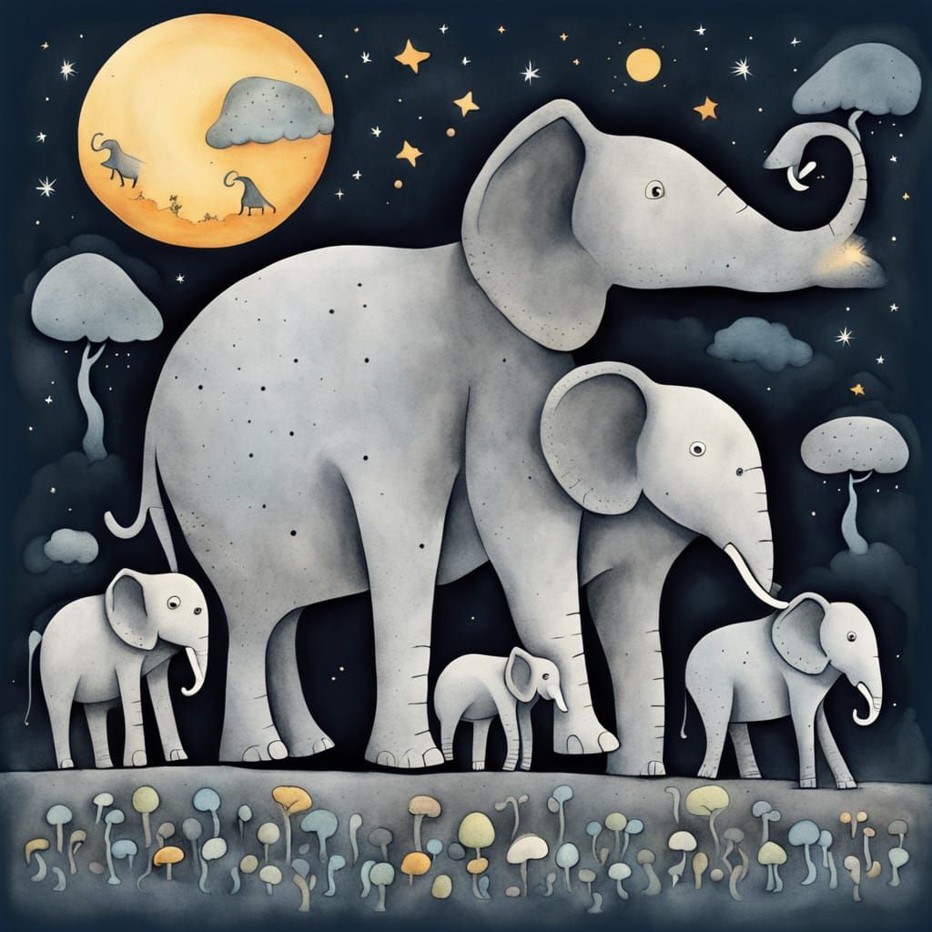 Surreal Elephants Roam Dreamy Nightscape in Whimsical Leunig...
