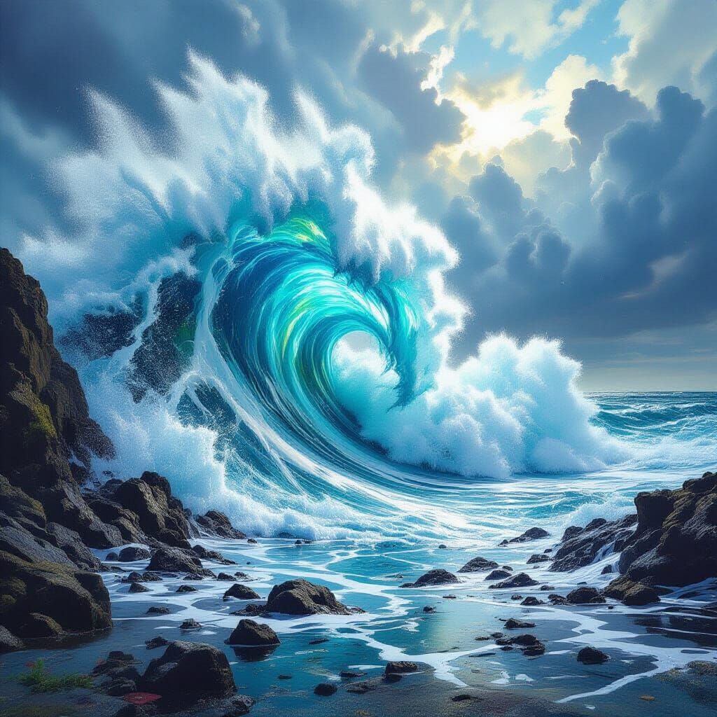 Colossal Tsunami Wave Crashing on Coastline