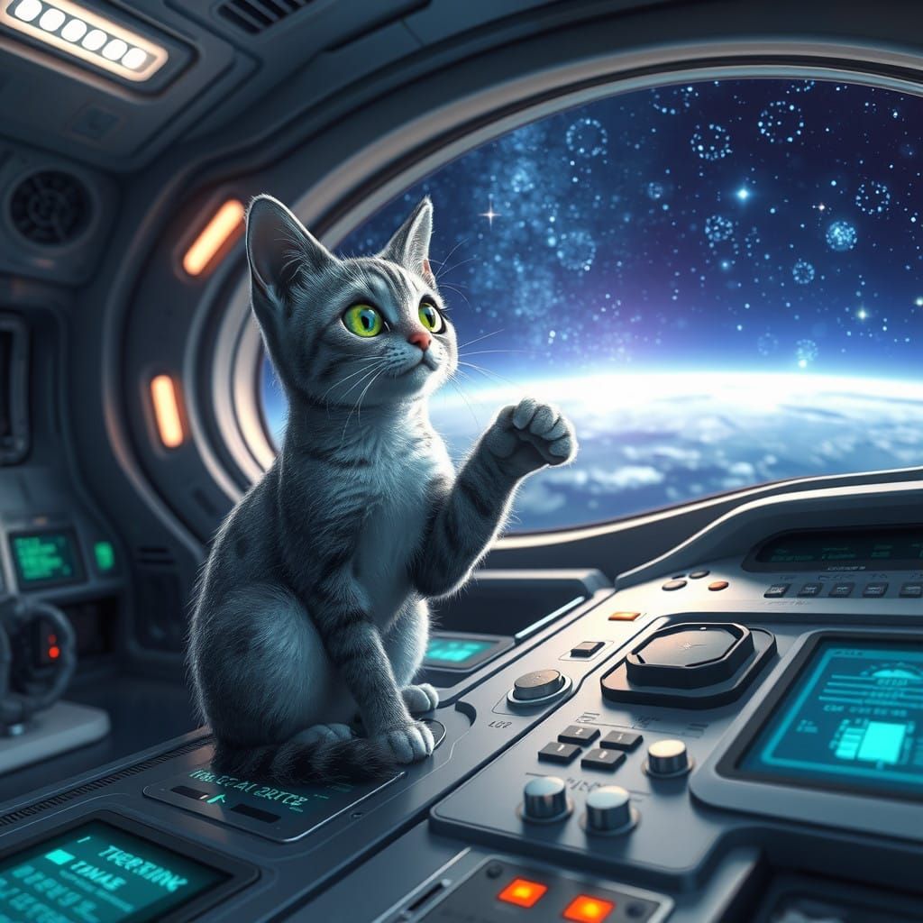 Futuristic Cat Contemplates Cosmic Vistas