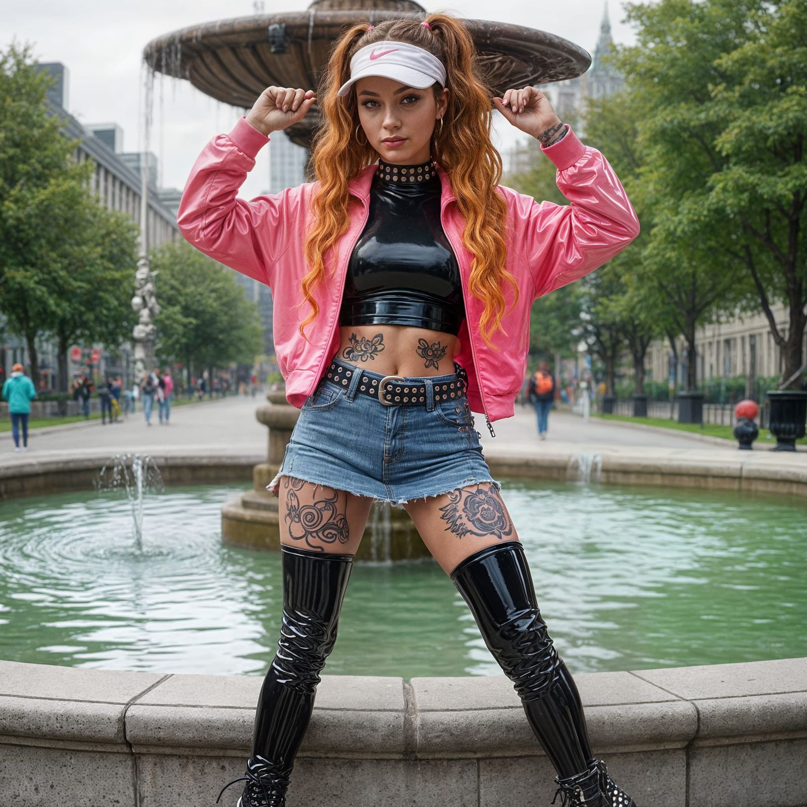Glamorous Nerdy Girl Posing by Park Fountain