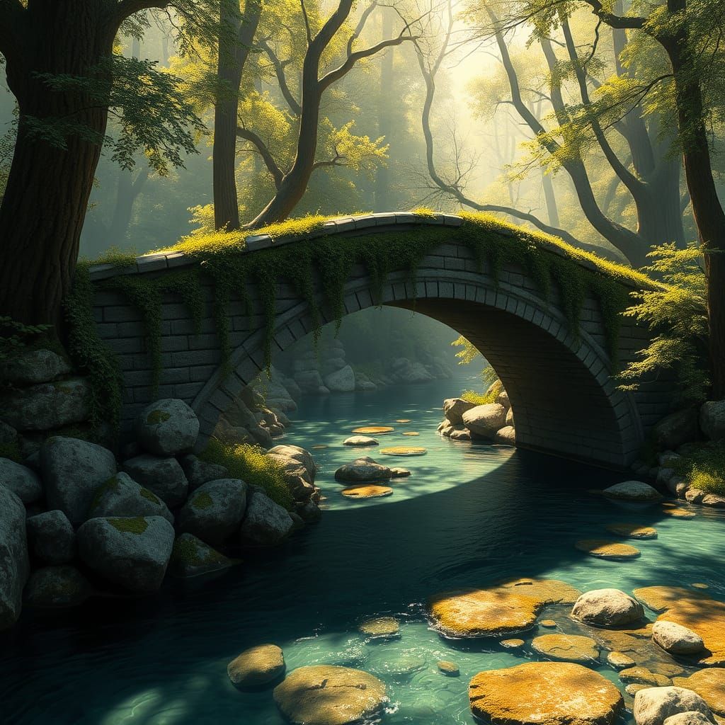 Ancient Stone Bridge in Enchanted Forest Landscape