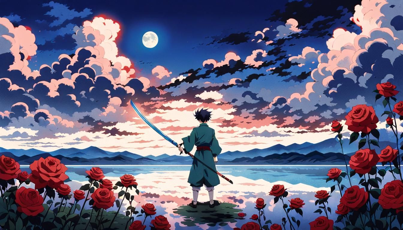 Tanjiro Kamado at Moonlit Lake with Nichirin Sword