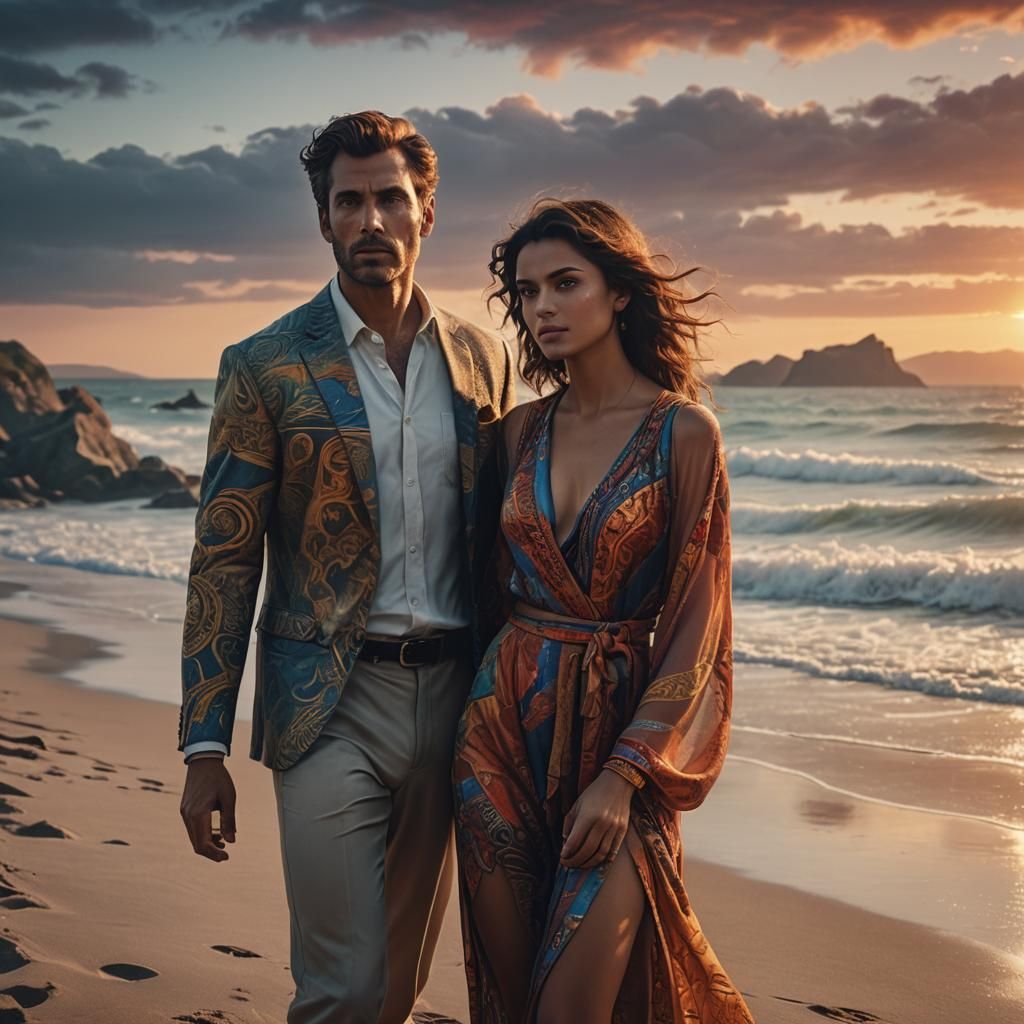 Couple on Beach at Sunset in Cinematic Realism
