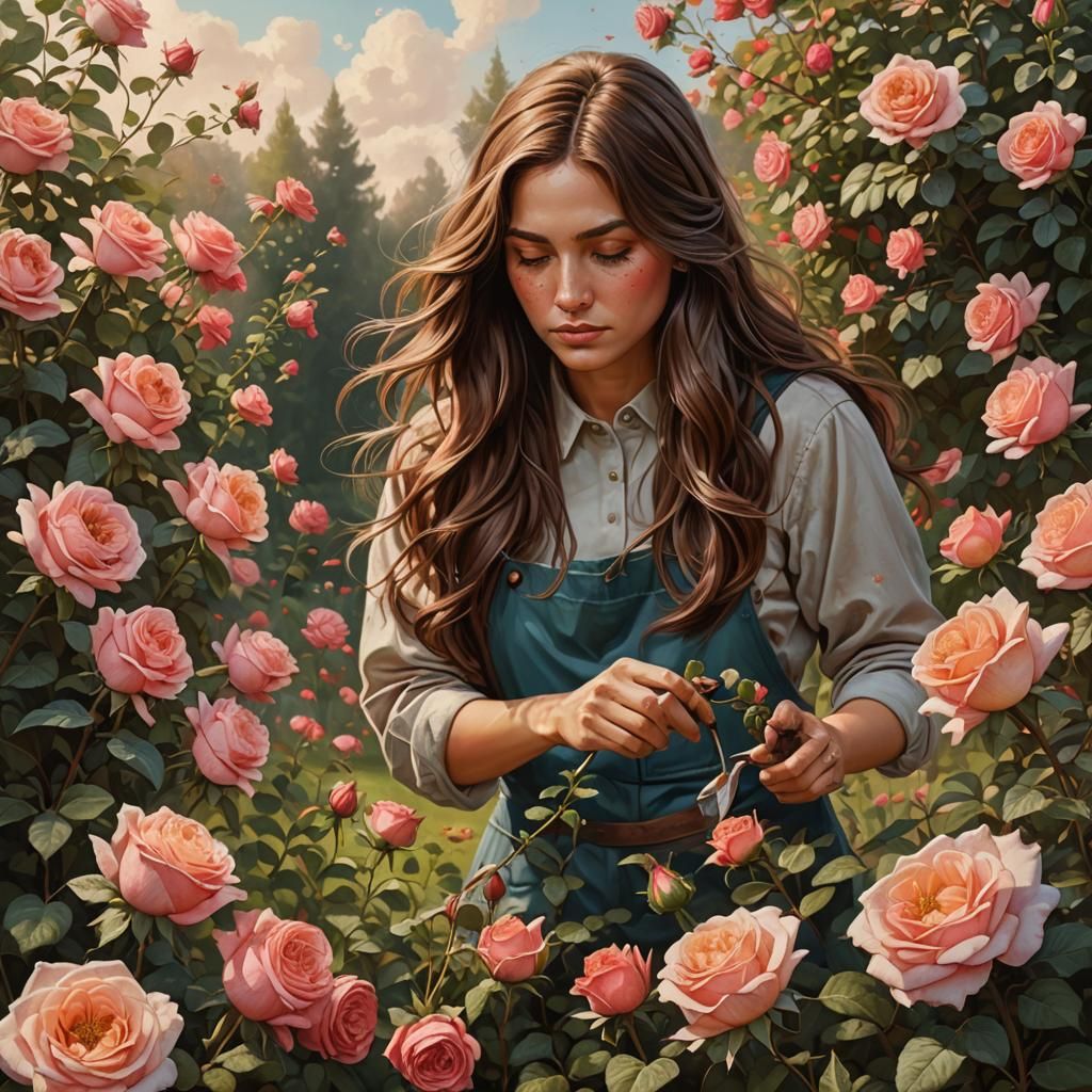 Woman Gardening in Hyperrealistic Rose Field