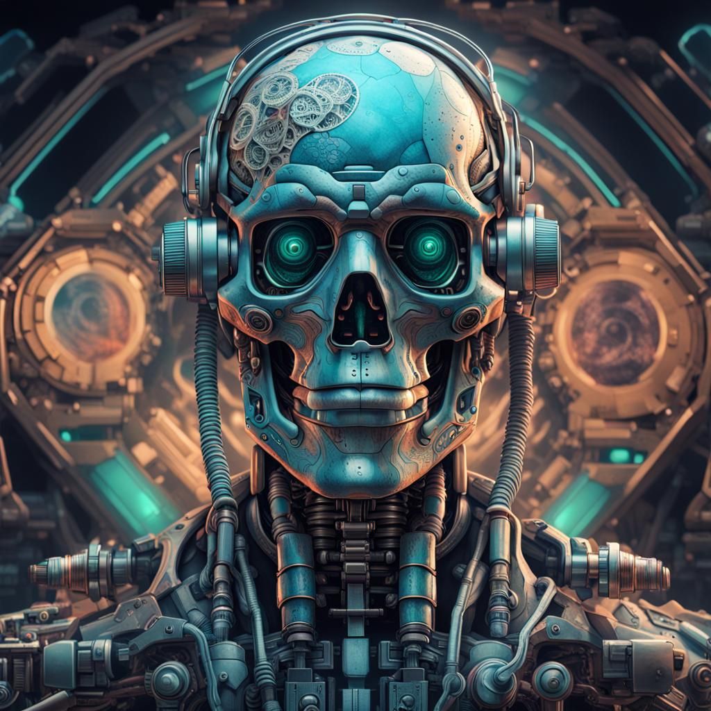 Dieselpunk Cyborg Anatomy in Vaporwave Environment