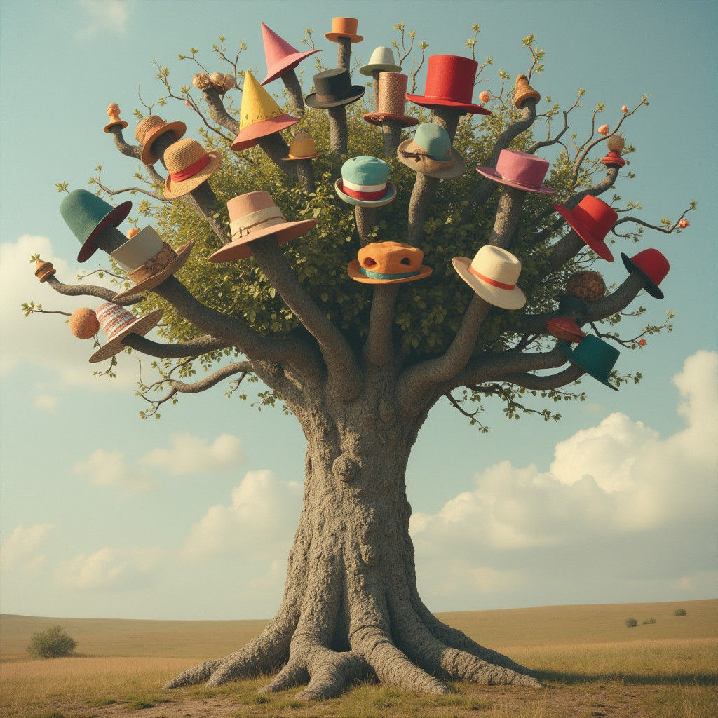 Surreal Hat Tree with Whimsical Branch Hats