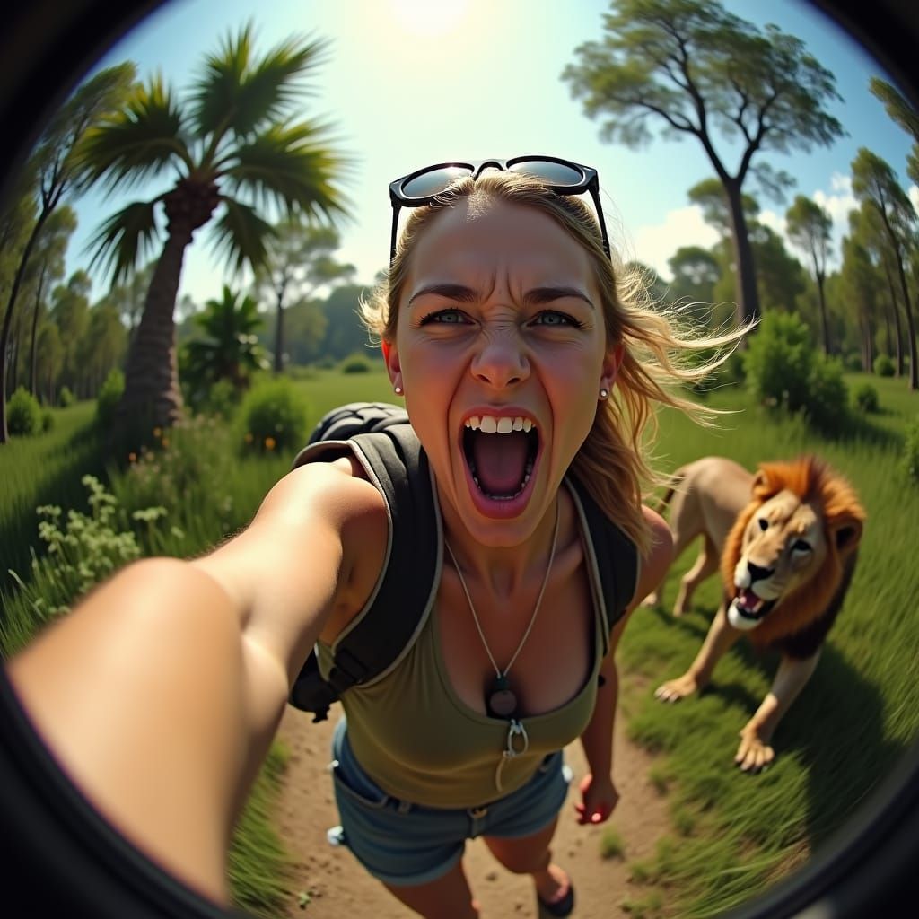 Screaming Traveller's Jungle Selfie with Lion