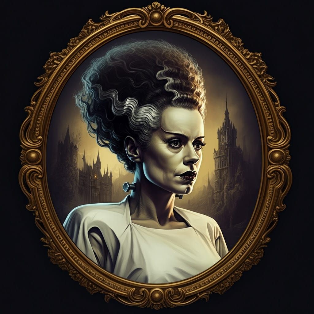 Gothic Bride of Frankenstein Portrait in Silver and Gold