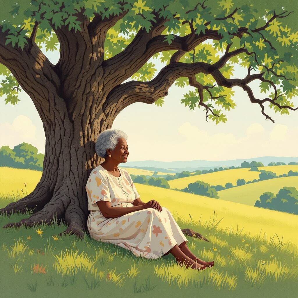 Elderly Woman Under Ancient Oak Tree in Soft Minimalist Styl...