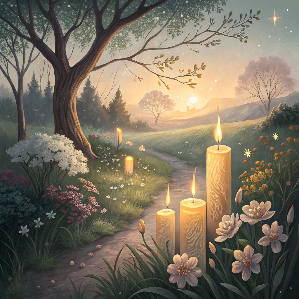 Candlelight Illuminates a Spring Twilight Landscape